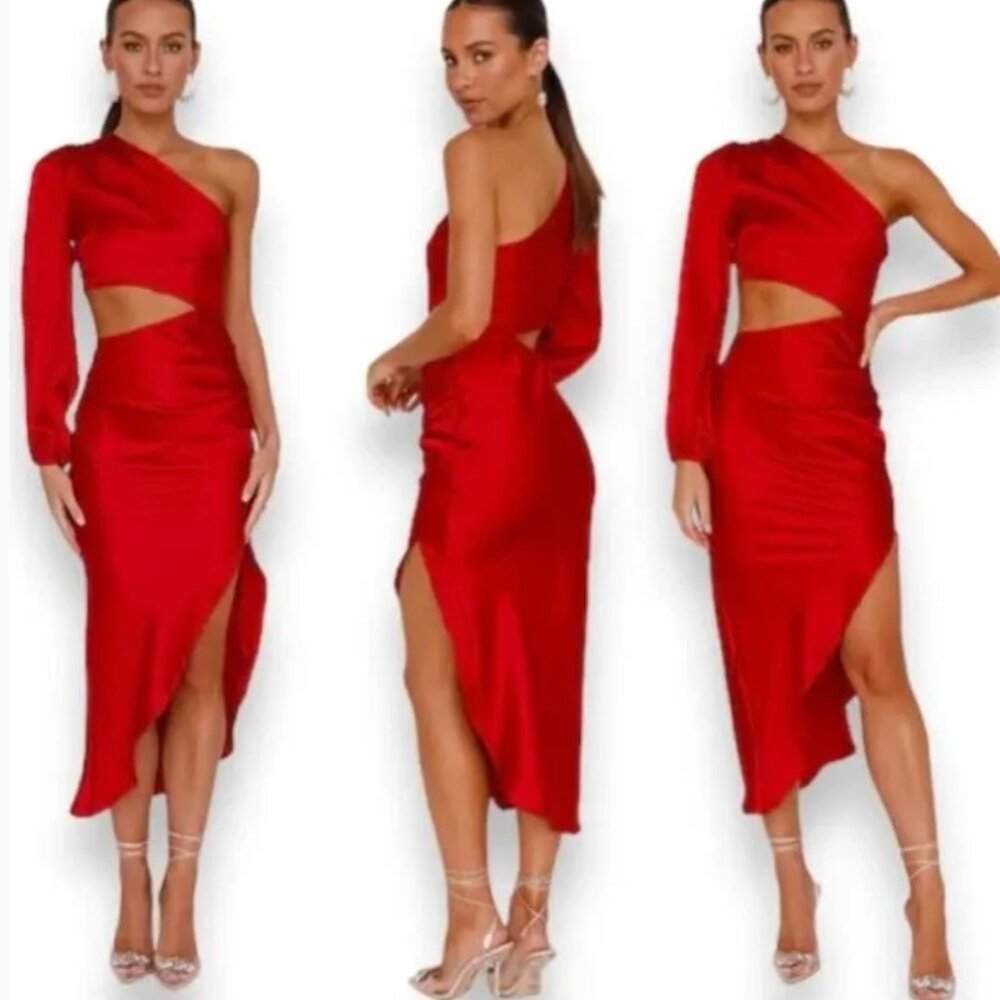 NWT Hello Molly Secret To Tell Satin Midi Dress Red Valentine Cutout Women's 2